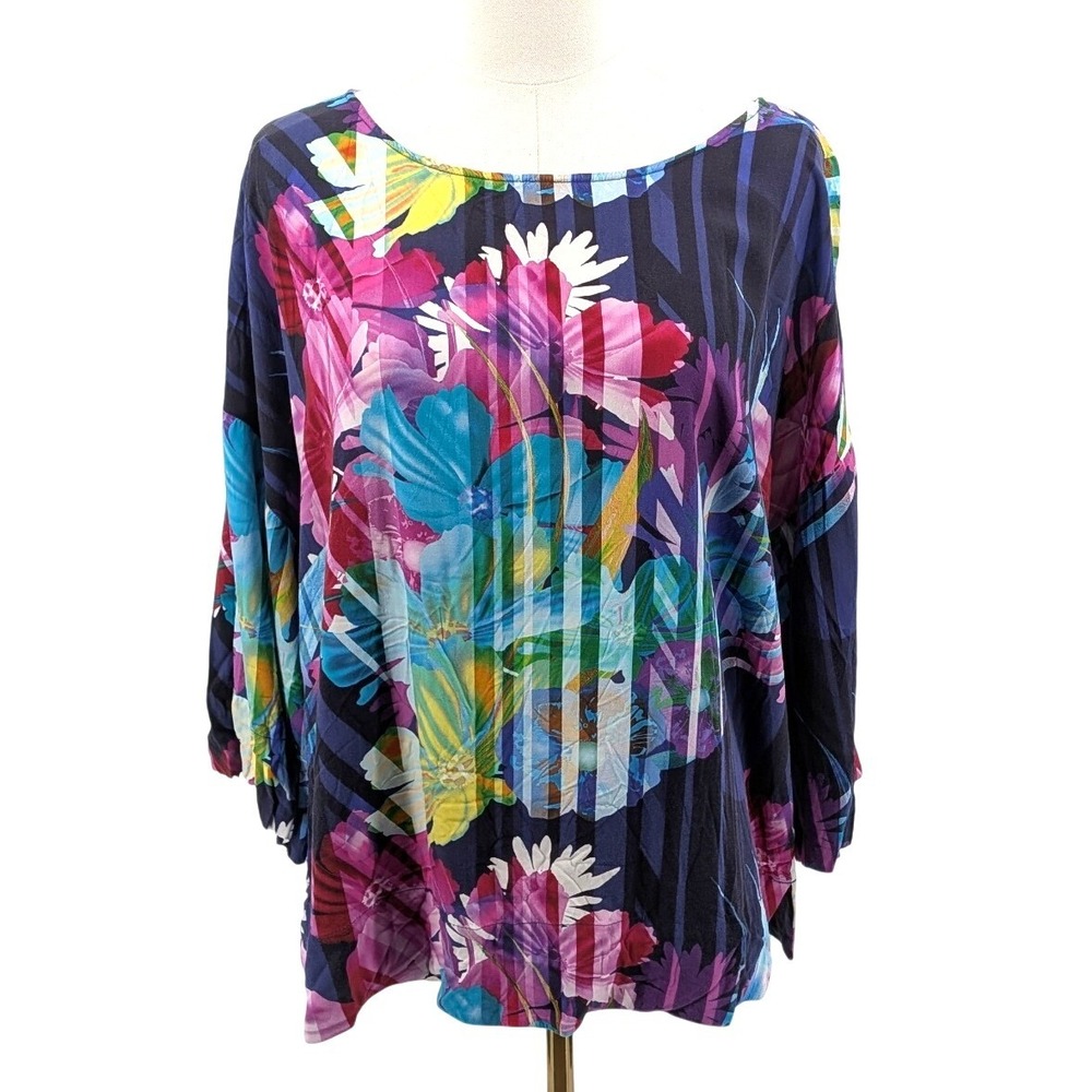 Soft Surroundings Floral Batwing Blouse Rayon Stretch Navy Purple Blue Est XL
